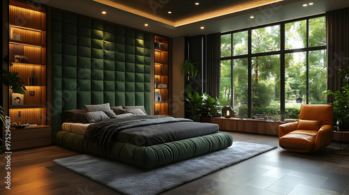 Modern bedroom interior design with large windows, a green wall, a king size bed with a plush headboard, and an orange leather armchair. photo