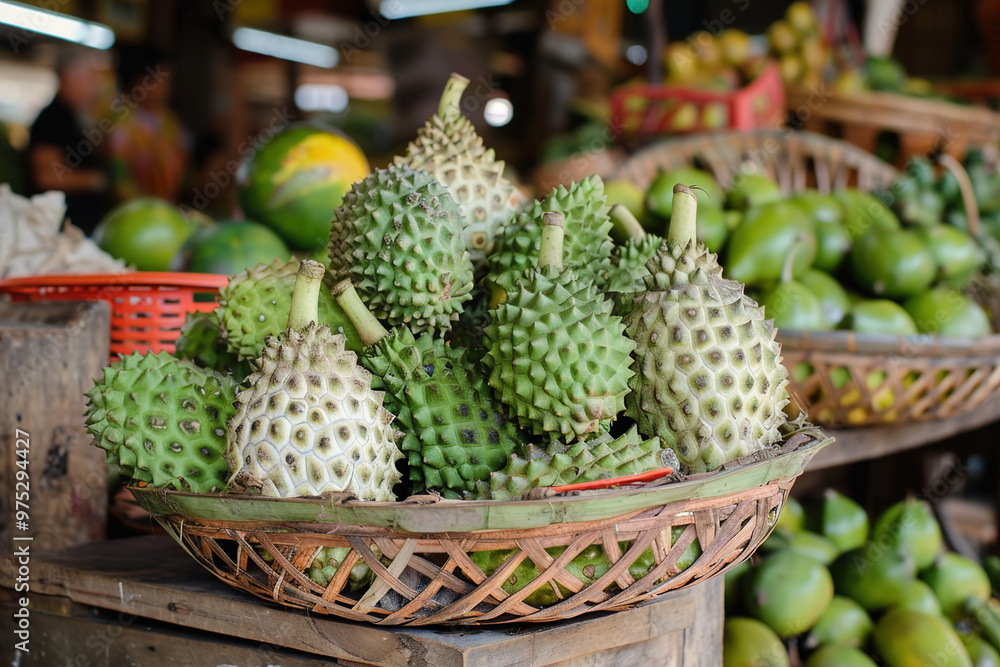 Basket of fresh soursop, green spiky skin highlighted, placed on wooden market stall Basket of fresh soursop, green spiky skin highlighted, placed on wooden market stall