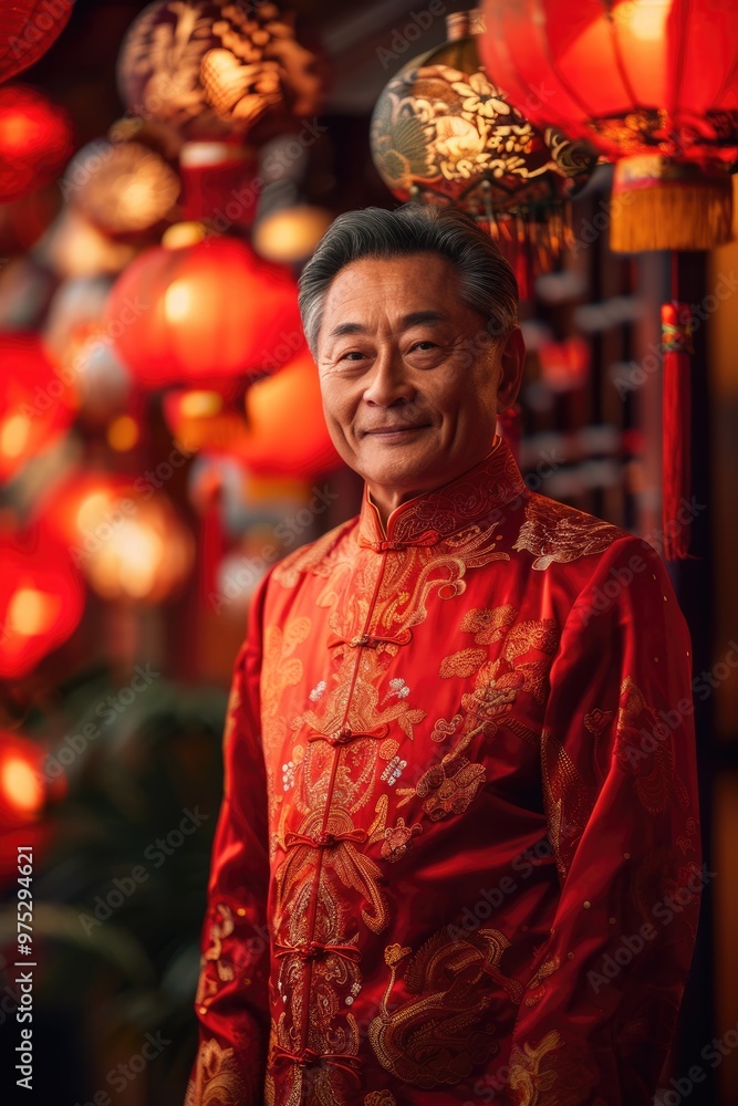 An elderly man wearing traditional Chinese clothing stands under a lantern An elderly man wearing traditional Chinese clothing stands under a lantern