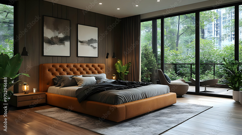 Modern bedroom interior with a king-size bed, two bedside tables with lamps, a large window with a view of a lush green forest, and a large rug. Modern bedroom interior with a king-size bed, two bedside tables with lamps, a large window with a view of a lush green forest, and a large rug.