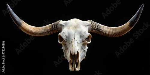 * Against a stark black canvas, a gleaming white steer skull with sweeping horns presents a striking, surreal photo