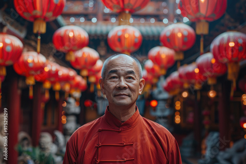 An elderly man wearing traditional Chinese clothing stands under a lantern