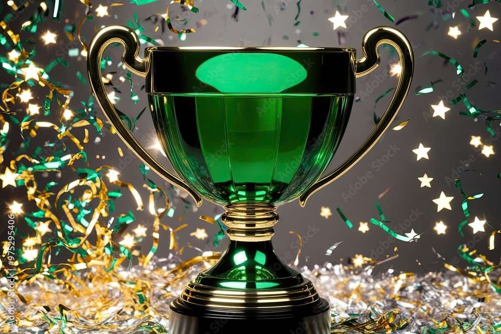 Emerald Trophy Radiating Excellence Surrounded by Sparkling Stars and Vibrant Confetti Celebration Emerald Trophy Radiating Excellence Surrounded by Sparkling Stars and Vibrant Confetti Celebration
