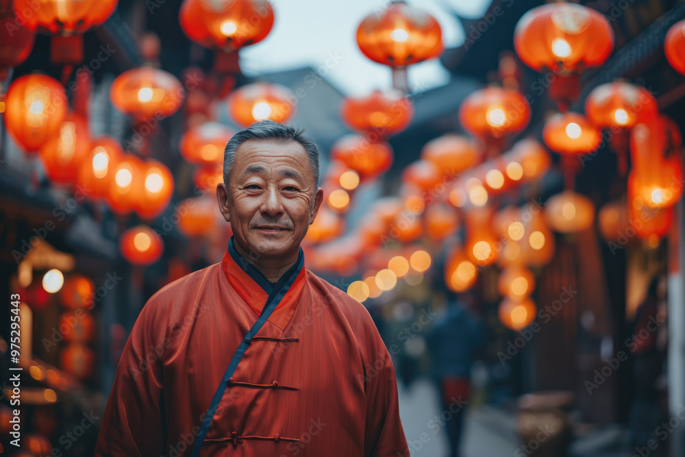 An elderly man wearing traditional Chinese clothing stands under a lantern An elderly man wearing traditional Chinese clothing stands under a lantern