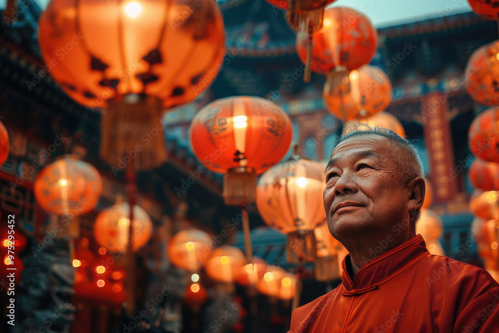 Naklejka premium An elderly man wearing traditional Chinese clothing stands under a lantern