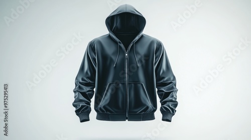 Black zippered hoodie with a hood on a white background.