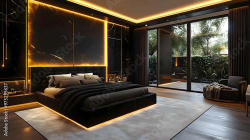 Modern bedroom interior with black walls, a large bed, and a view of a lush garden through the window.