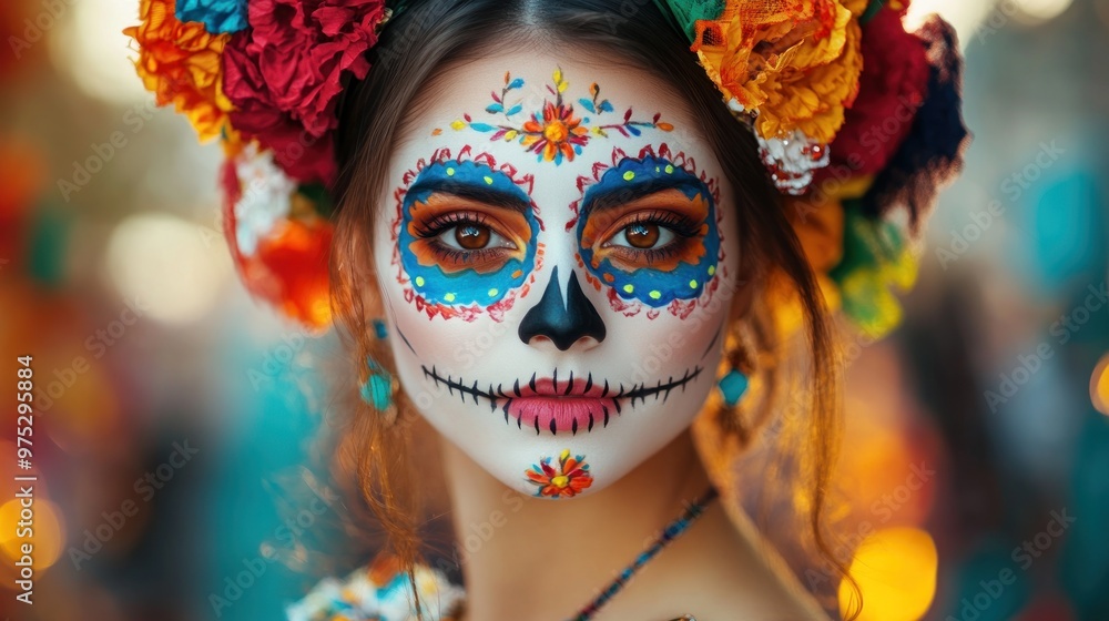 Close-up portrait of a woman with sugar skull makeup and colorful flowers. Close-up portrait of a woman with sugar skull makeup and colorful flowers.