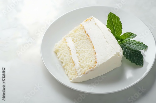 A slice of cake with white frosting and mint leaves. photo