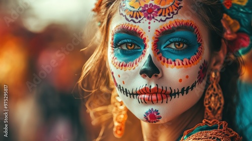 A woman with colorful sugar skull makeup for the day of the dead, looking at the camera.