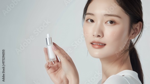 Close-Up of an Asian Woman Holding a Cosmetic Tube – Ideal for Beauty, Skincare Products, and Elegant Personal Care Illustrations Featuring Effective and Stylish Beauty Solutions