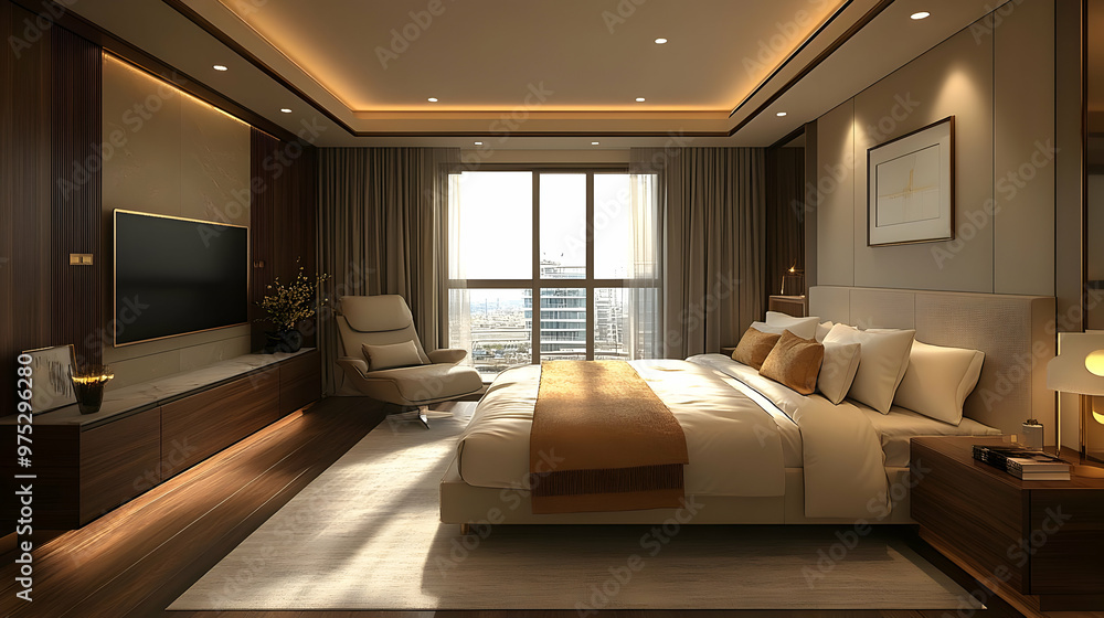 Modern bedroom interior with large windows, a king-size bed, and a comfortable armchair. Modern bedroom interior with large windows, a king-size bed, and a comfortable armchair.