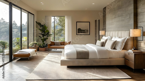 Modern bedroom interior with large windows, a king size bed, a rug, nightstands, lamps, artwork, and a seating area with a couch.