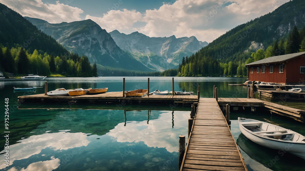 Charming lakeside dock with boats moored and a scenic mountain backdrop Charming lakeside dock with boats moored and a scenic mountain backdrop