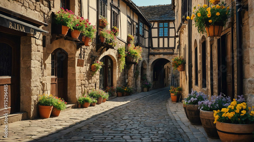Charming medieval street with historic stone buildings and hanging flower baskets