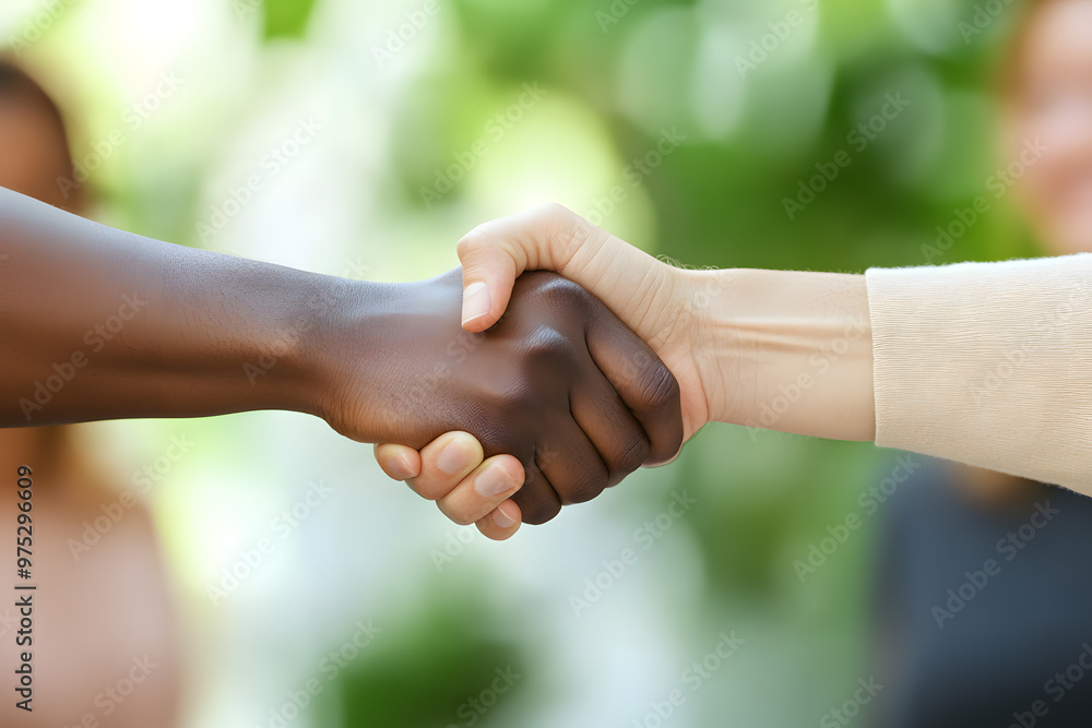 Handshake between two people in business and casual outfits, symbolizing collaboration and trust, with another person smiling in the background Handshake between two people in business and casual outfits, symbolizing collaboration and trust, with another person smiling in the background
