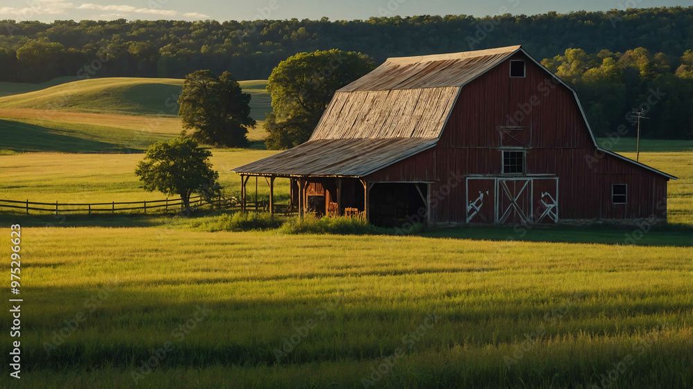 Classic American countryside with open fields and a traditional barn Classic American countryside with open fields and a traditional barn
