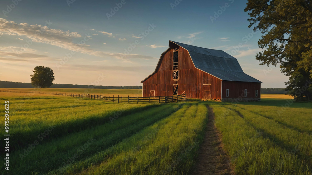 Classic American countryside with open fields and a traditional barn Classic American countryside with open fields and a traditional barn