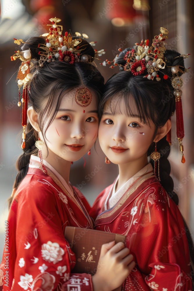 Two little girls wearing traditional Chinese clothing holding oranges Two little girls wearing traditional Chinese clothing holding oranges