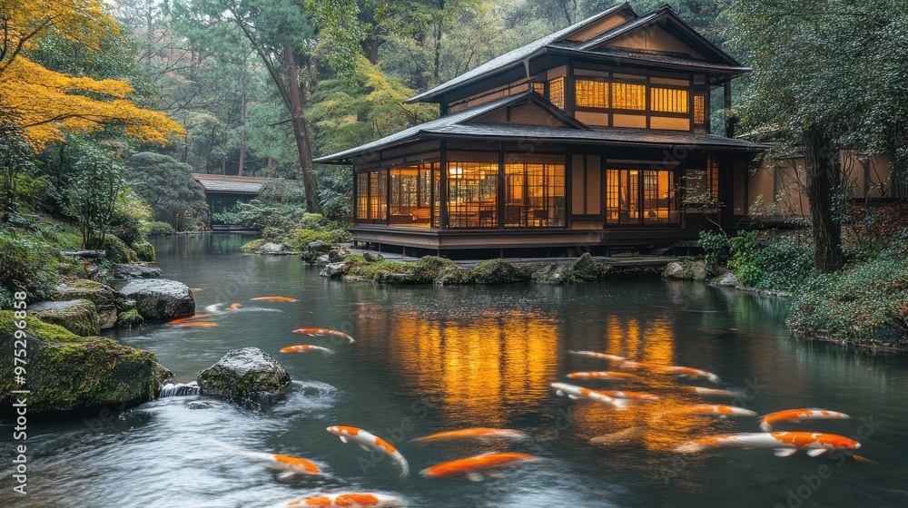 Tranquil Japanese house by a koi pond in a serene forest setting. Tranquil Japanese house by a koi pond in a serene forest setting.