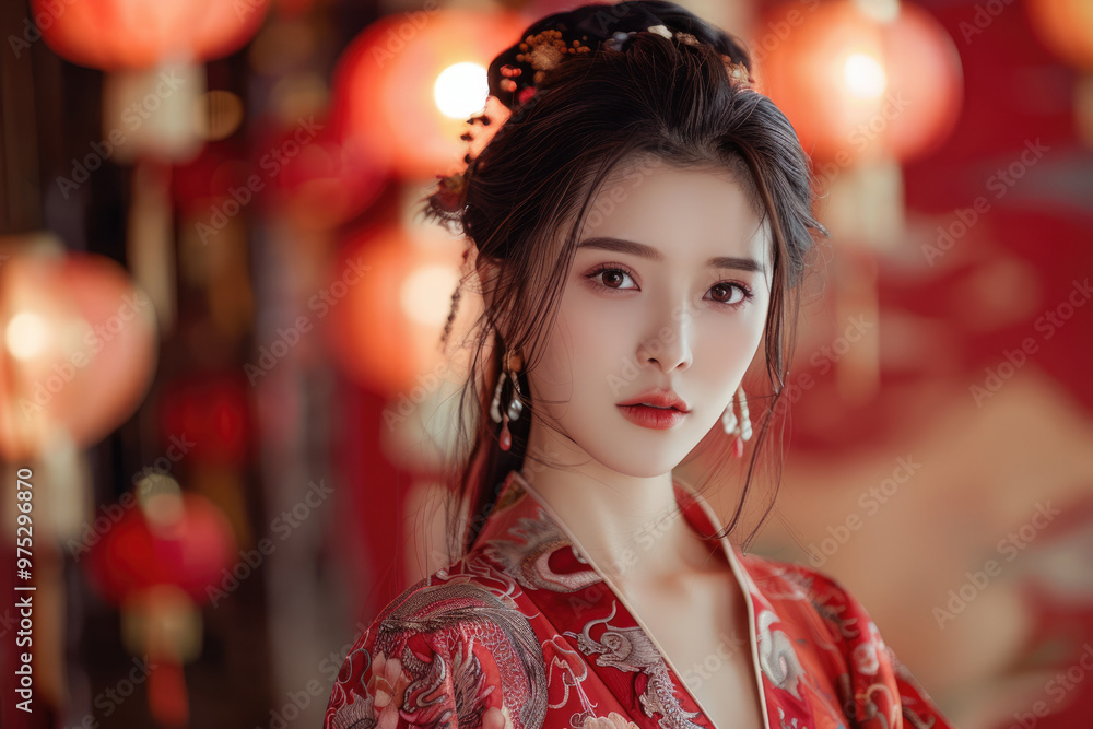 In the evening, Chinese New Year, young women on the streets In the evening, Chinese New Year, young women on the streets