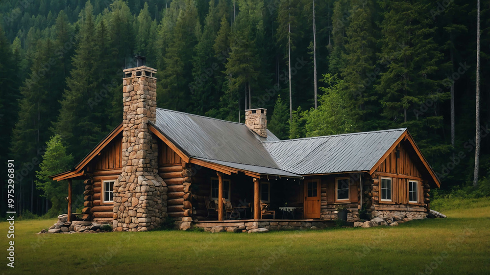 Fototapeta premium Cozy country cabin with a stone chimney and lush forest backdrop