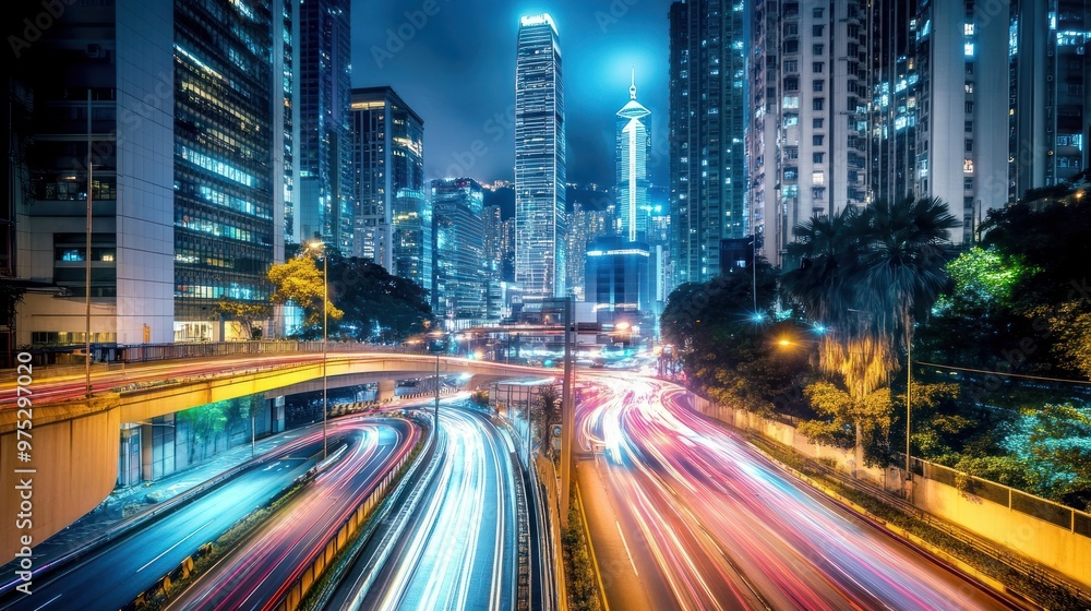 A long exposure shot of a highway in the city at night, with tall buildings in the background. A long exposure shot of a highway in the city at night, with tall buildings in the background.