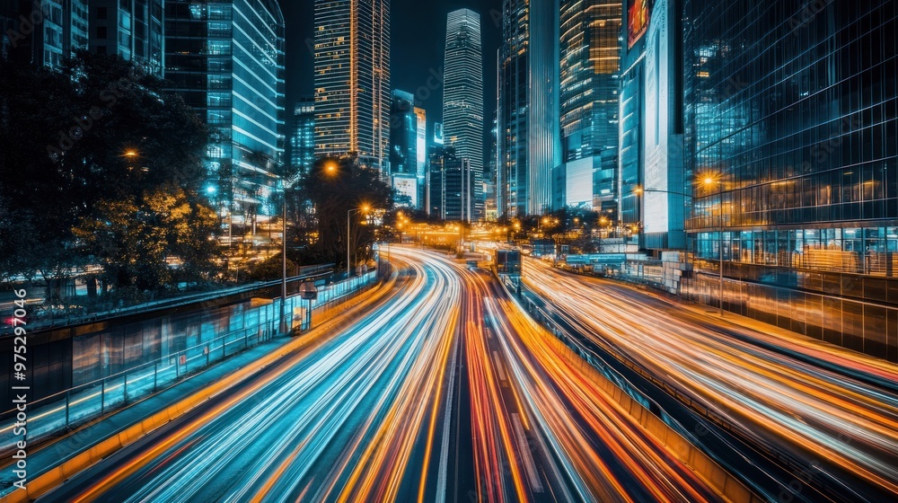 Fototapeta premium Cityscape with long exposure light trails of traffic on a highway.