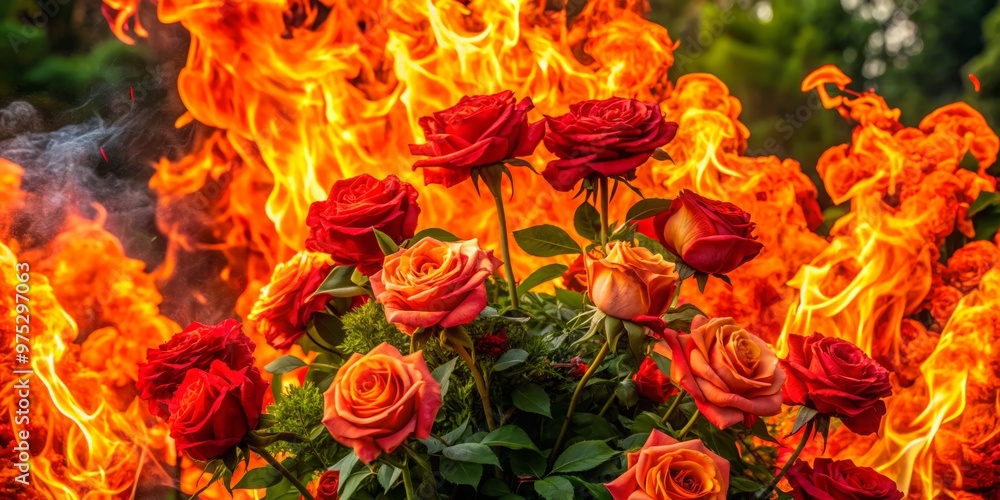 A raging inferno reduces a garden of roses to ash, leaving behind a smoldering, charred floral ruin. A raging inferno reduces a garden of roses to ash, leaving behind a smoldering, charred floral ruin.