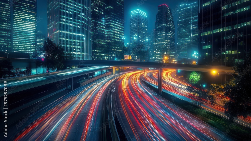 Nighttime traffic streaks with blurred lights on a highway, with tall buildings in the background. Nighttime traffic streaks with blurred lights on a highway, with tall buildings in the background.
