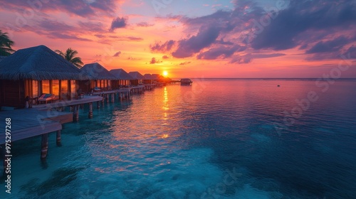 Serene sunset over water bungalows in a tropical paradise.