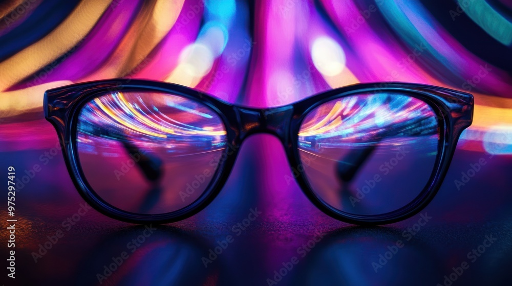 Black eyeglasses reflecting colorful light streaks on dark background. Black eyeglasses reflecting colorful light streaks on dark background.