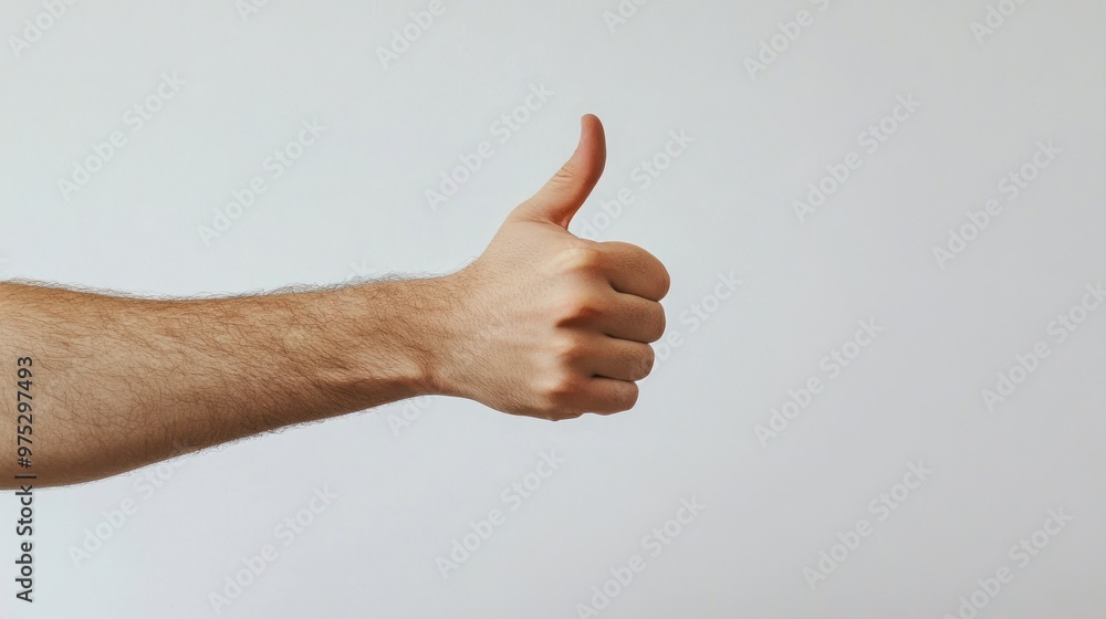 Closeup of a man's hand giving a thumbs up gesture against a white background. Closeup of a man's hand giving a thumbs up gesture against a white background.