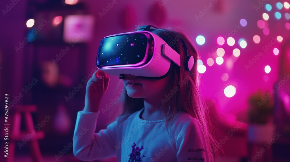 Young girl wearing VR headset in a pink and blue light room. Young girl wearing VR headset in a pink and blue light room.
