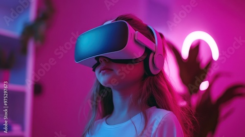 Young girl wearing a VR headset in a pink neon light.