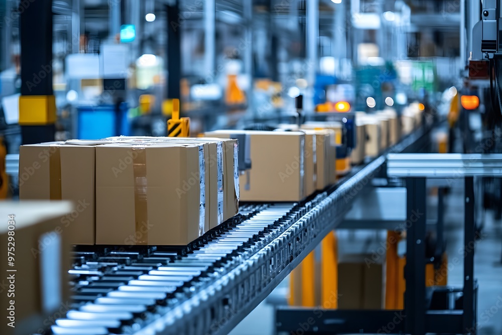 Conveyor Belt with Packages in a Warehouse Conveyor Belt with Packages in a Warehouse