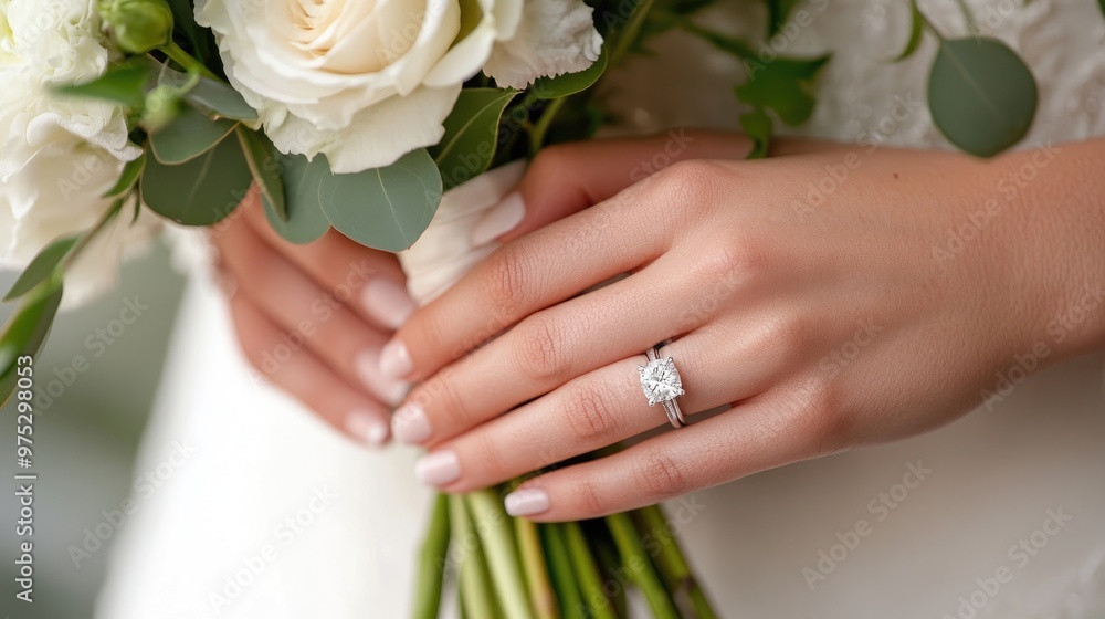 close-up of the bride hands, showing her engagement ring and wedding band, as she holds a bouquet of fresh flowers close-up of the bride hands, showing her engagement ring and wedding band, as she holds a bouquet of fresh flowers