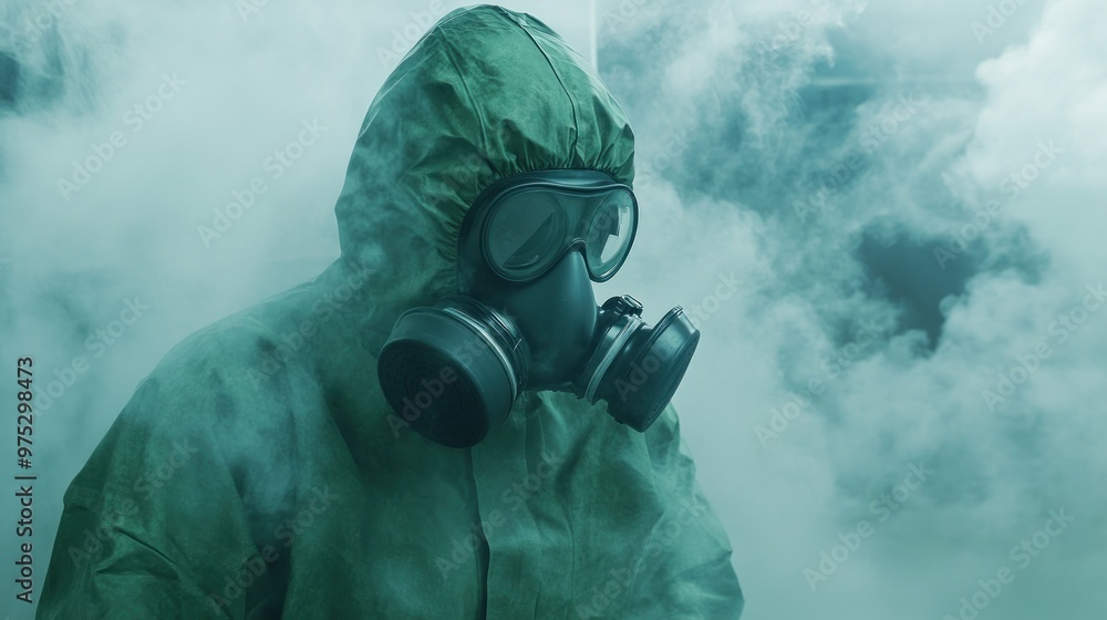 A person in a protective suit and gas mask stands in a smoky environment. A person in a protective suit and gas mask stands in a smoky environment.