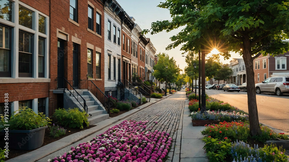 Fototapeta premium Historic city street with charming townhouses and flower lined sidewalks