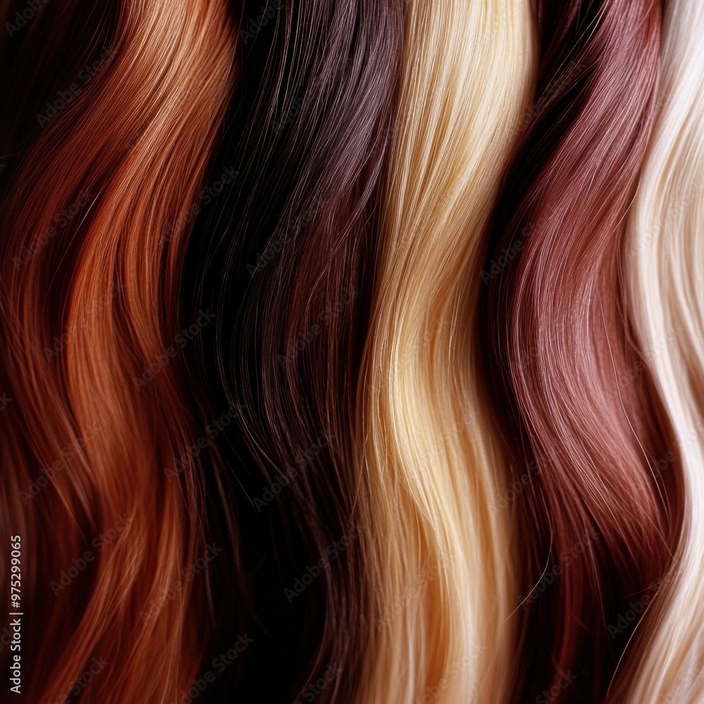 Close-up shot of four strands of wavy hair in different colors - red, brown, blonde, and auburn. Close-up shot of four strands of wavy hair in different colors - red, brown, blonde, and auburn.