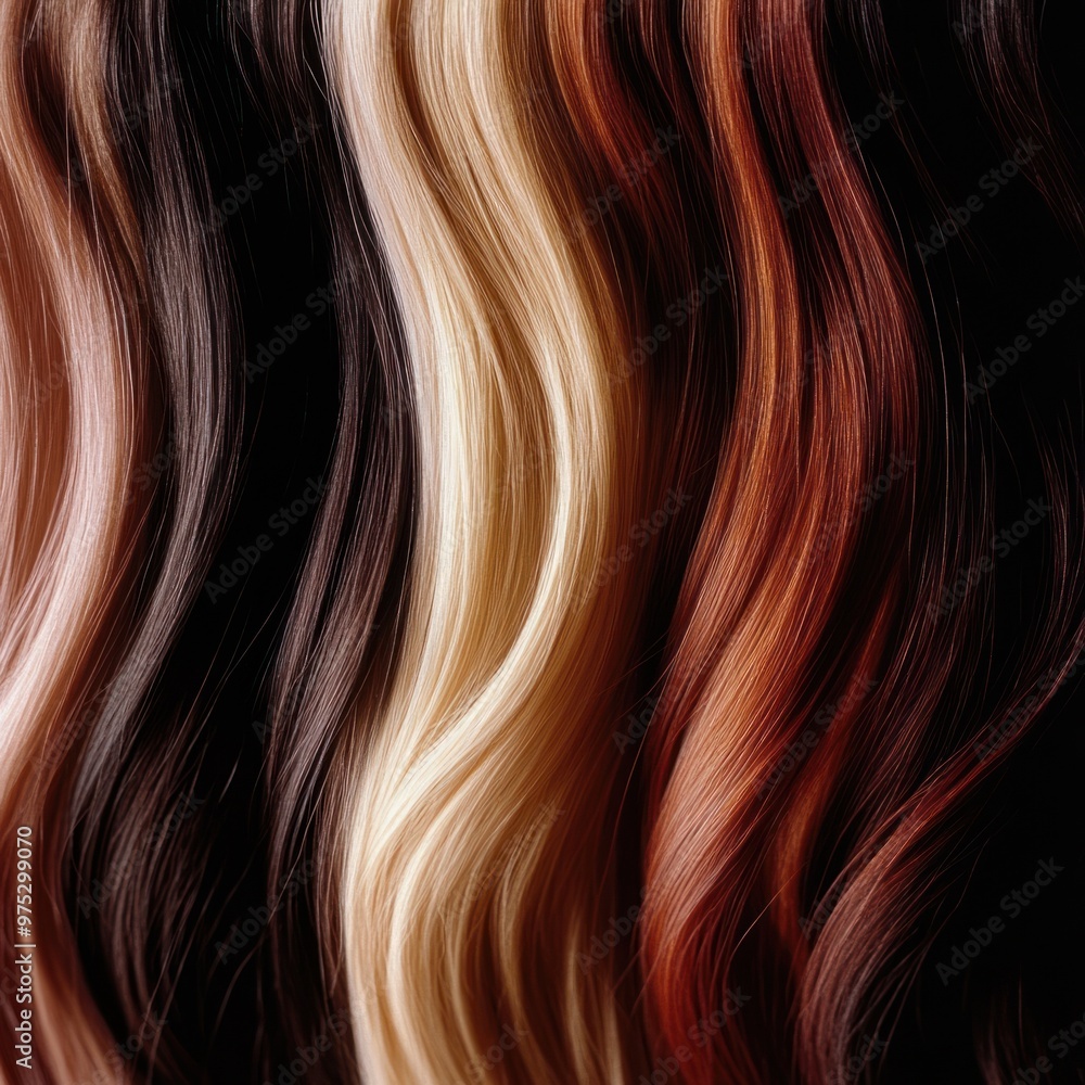 Naklejka premium Close-up of wavy brown, blonde, and red hair strands on a black background.