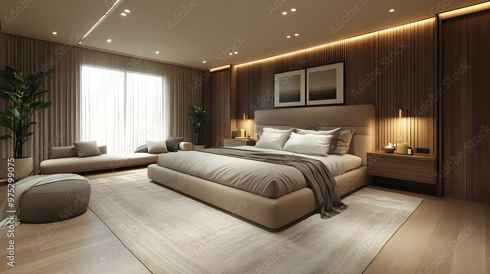 Modern bedroom with a king-size bed, wooden walls, a large window, and a rug. Modern bedroom with a king-size bed, wooden walls, a large window, and a rug.