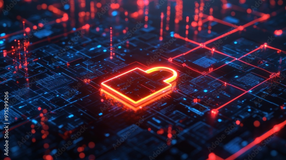 Red glowing padlock on digital circuit board. Red glowing padlock on digital circuit board.