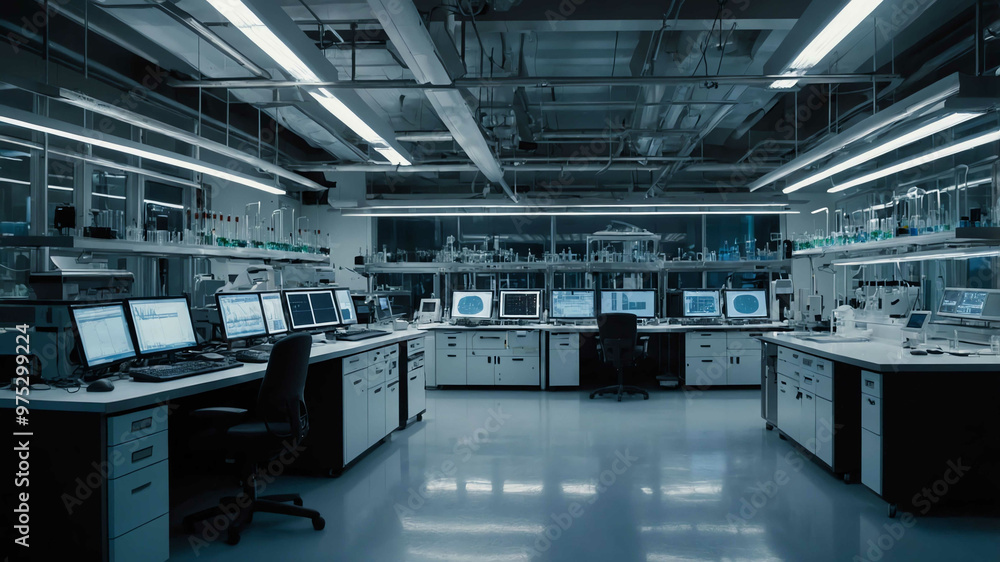 Modern research lab with high tech instrumentation and digital monitors Modern research lab with high tech instrumentation and digital monitors