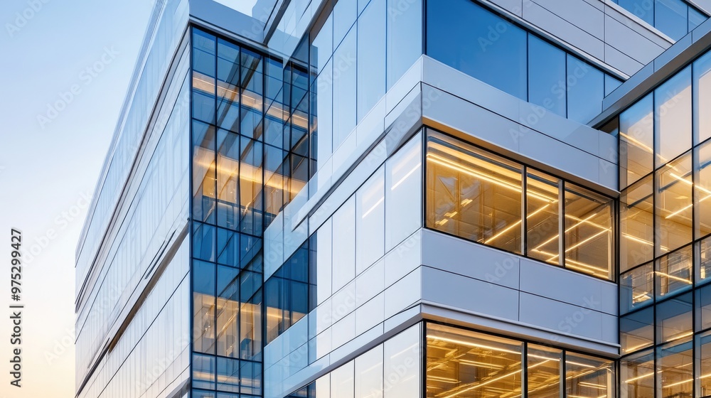 Modern office building with sleek glass exterior and open-air terraces Modern office building with sleek glass exterior and open-air terraces