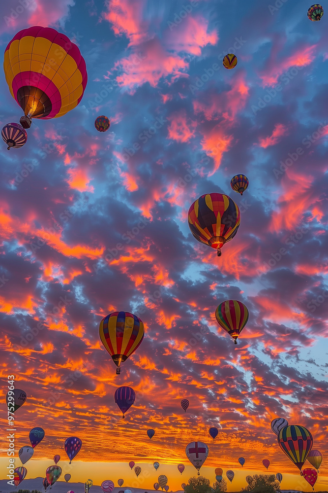 Fototapeta premium Vivid sunset sky adorned with hot air balloons drifting peacefully