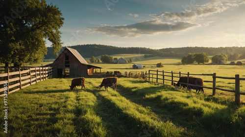 Picturesque rural barnyard with grazing animals and wide open fields photo