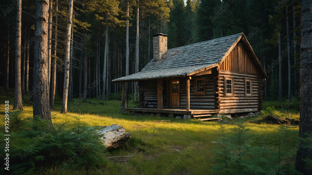 Quiet forest clearing with a rustic wooden cabin and serene surroundings Quiet forest clearing with a rustic wooden cabin and serene surroundings