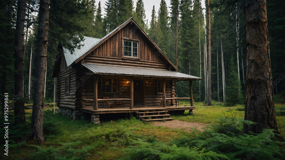 Quiet forest clearing with a rustic wooden cabin and serene surroundings Quiet forest clearing with a rustic wooden cabin and serene surroundings