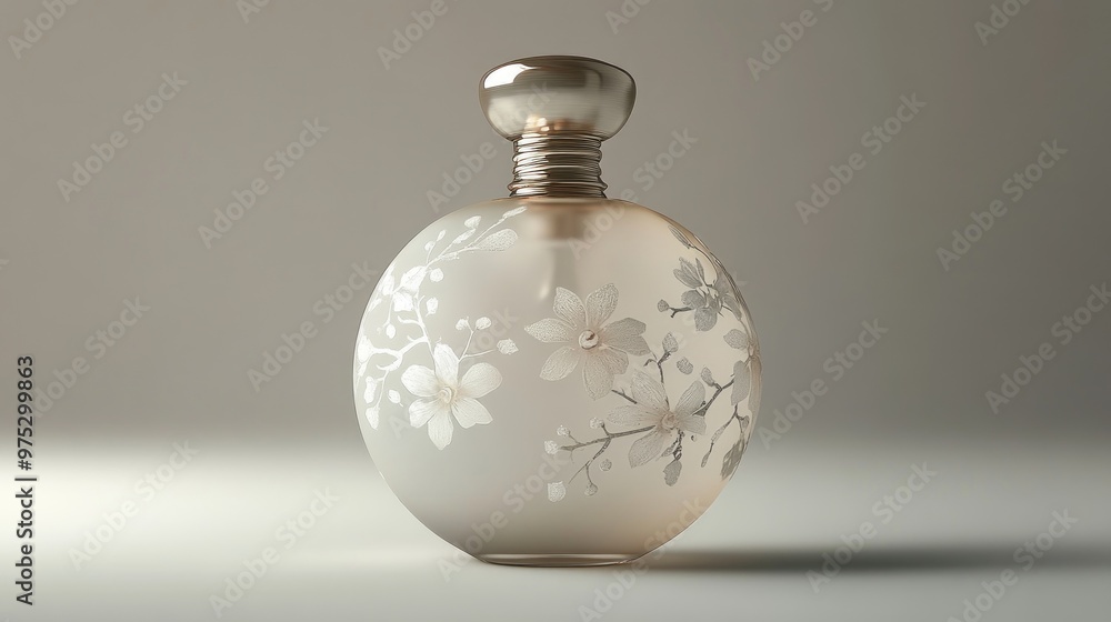 A frosted glass perfume bottle with a silver floral design. A frosted glass perfume bottle with a silver floral design.